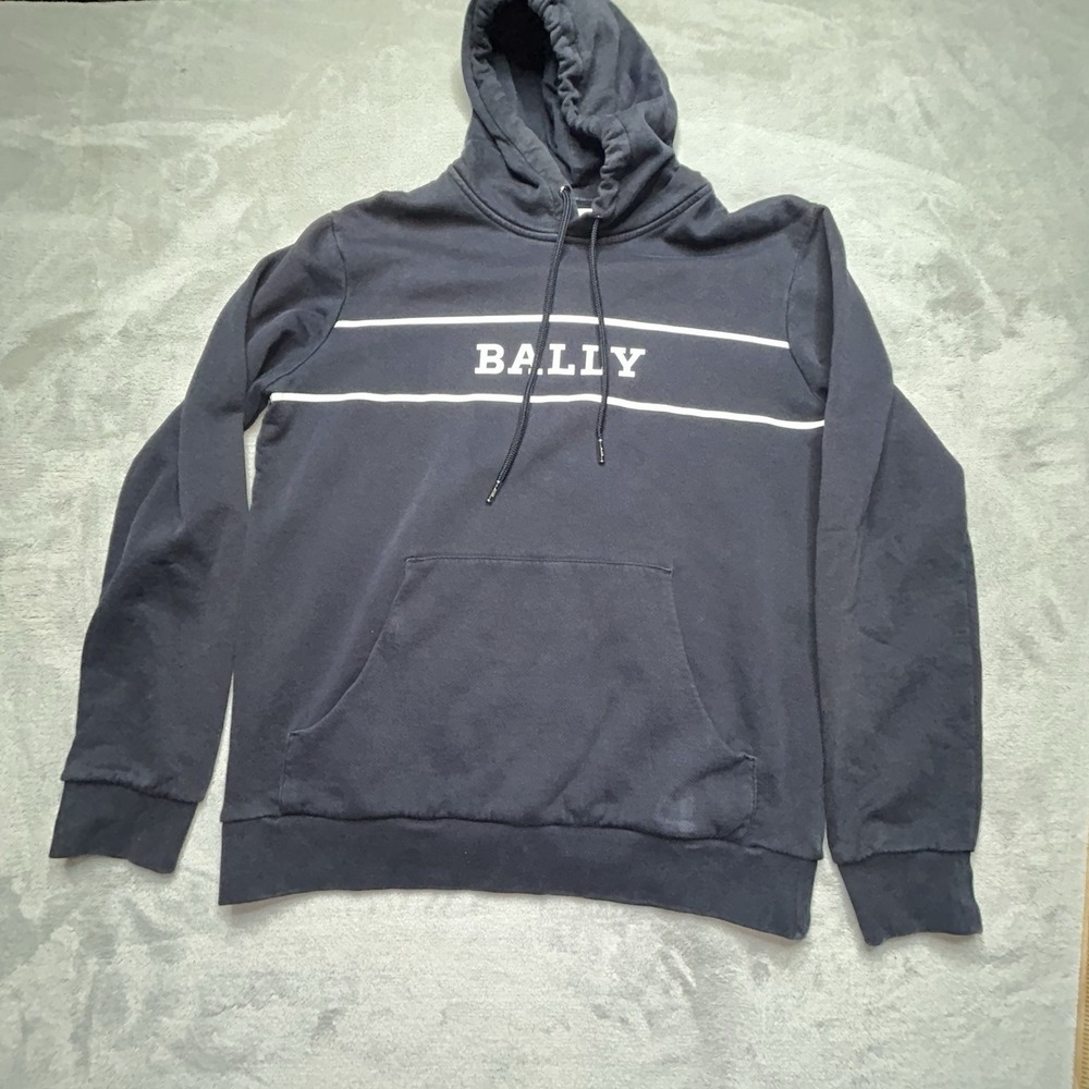 Bally 1851 Hoodie Mens Large Navy Pullover Logo Stripe Quite Luxury Sweatshirt